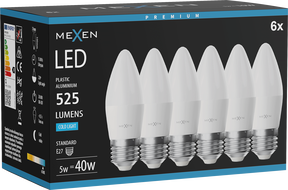 Mexen Nova 6x żarówka LED E27, C37, 5W, Zimna - 6500K, 525 lm - L102-E27-0565-01x06