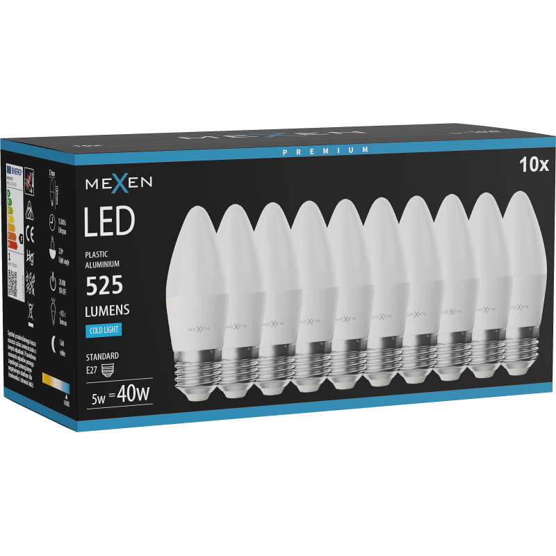 Mexen Nova 10x żarówka LED E27, C37, 5W, Zimna - 6500K, 525 lm - L102-E27-0565-01x10