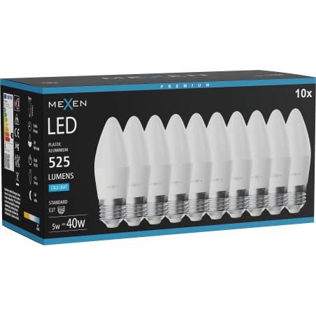 Mexen Nova 10x żarówka LED E27, C37, 5W, Zimna - 6500K, 525 lm - L102-E27-0565-01x10