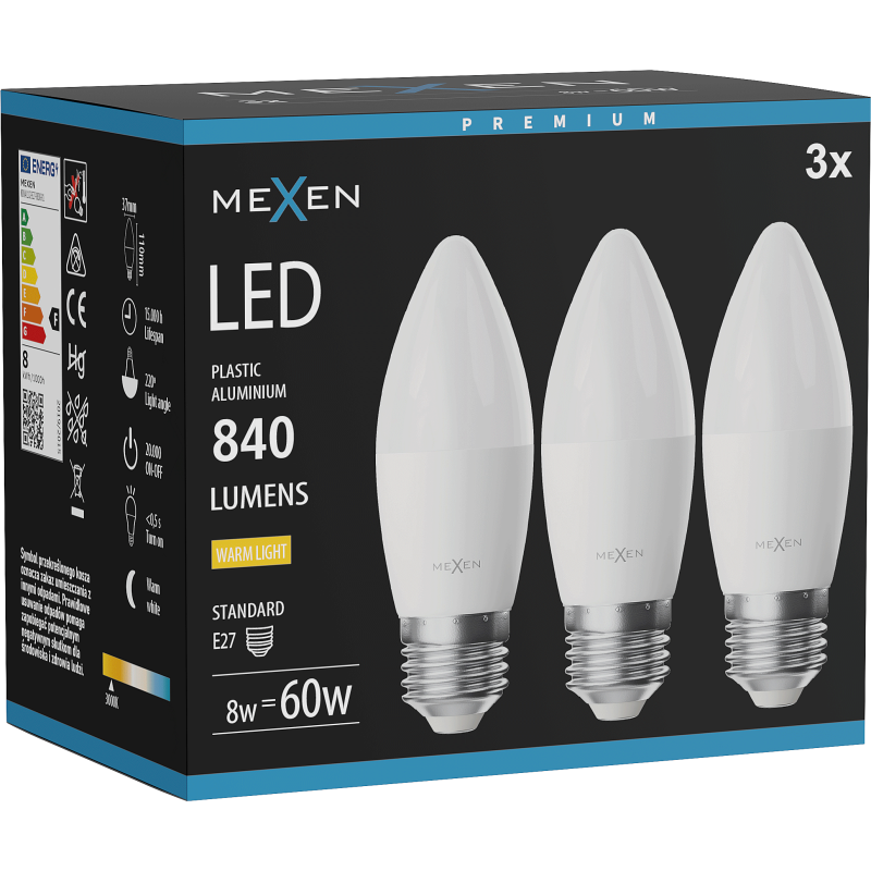 Mexen Nova 3x żarówka LED E27, C37, 8W, Ciepła - 3000K, 840 lm - L102-E27-0830-01x03