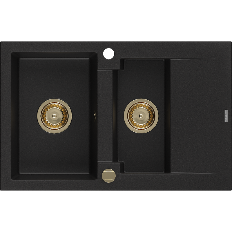 Mexen Gaspar zlewozmywak granitowy 1,5-komorowy z ociekaczem 737 x 475 mm, czarny, syfon złoty - 6507731505-77-G