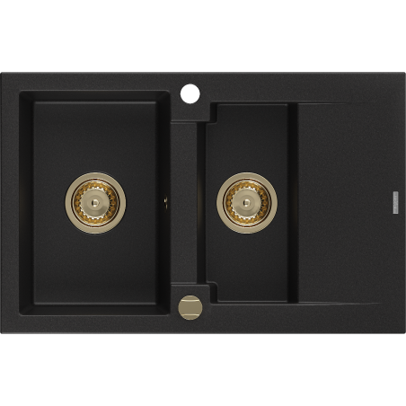 Mexen Gaspar zlewozmywak granitowy 1,5-komorowy z ociekaczem 737 x 475 mm, czarny, syfon złoty - 6507731505-77-G