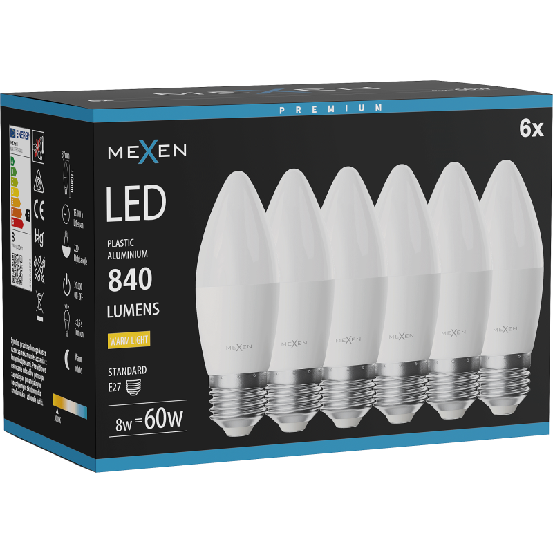 Mexen Nova 6x żarówka LED E27, C37, 8W, Ciepła - 3000K, 840 lm - L102-E27-0830-01x06