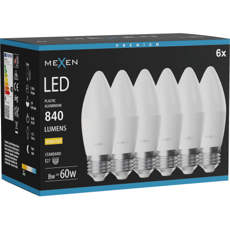 Mexen Nova 6x żarówka LED E27, C37, 8W, Ciepła - 3000K, 840 lm - L102-E27-0830-01x06