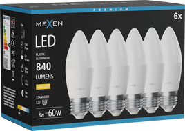 Mexen Nova 6x żarówka LED E27, C37, 8W, Ciepła - 3000K, 840 lm - L102-E27-0830-01x06
