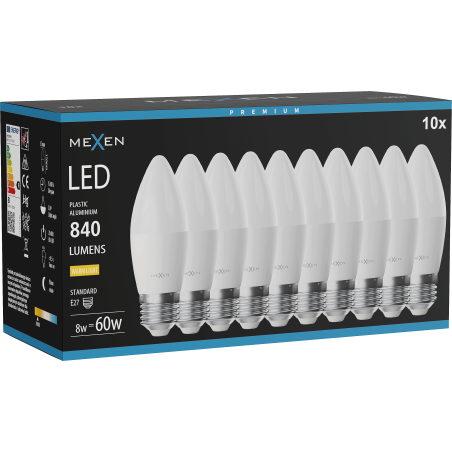 Mexen Nova 10x żarówka LED E27, C37, 8W, Ciepła - 3000K, 840 lm - L102-E27-0830-01x10