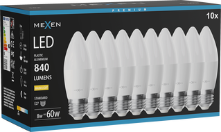 Mexen Nova 10x żarówka LED E27, C37, 8W, Ciepła - 3000K, 840 lm - L102-E27-0830-01x10
