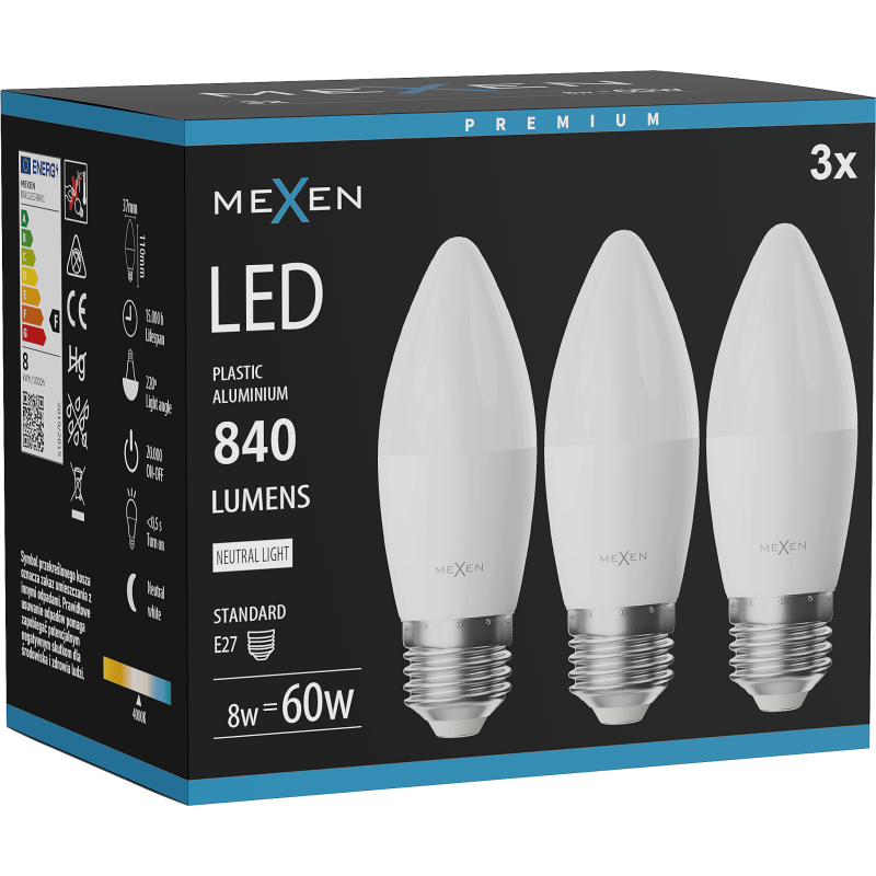 Mexen Nova 3x żarówka LED E27, C37, 8W, Neutralna - 4000K, 840 lm - L102-E27-0840-01x03
