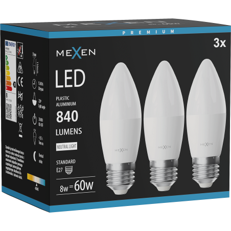 Mexen Nova 3x żarówka LED E27, C37, 8W, Neutralna - 4000K, 840 lm - L102-E27-0840-01x03