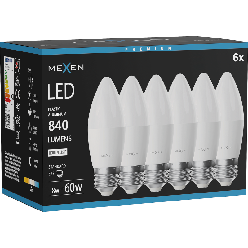 Mexen Nova 6x żarówka LED E27, C37, 8W, Neutralna - 4000K, 840 lm - L102-E27-0840-01x06