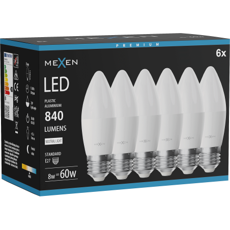 Mexen Nova 6x żarówka LED E27, C37, 8W, Neutralna - 4000K, 840 lm - L102-E27-0840-01x06