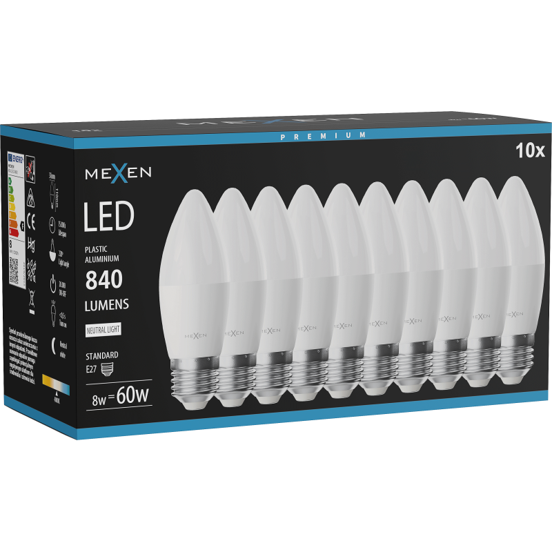 Mexen Nova 10x żarówka LED E27, C37, 8W, Neutralna - 4000K, 840 lm - L102-E27-0840-01x10