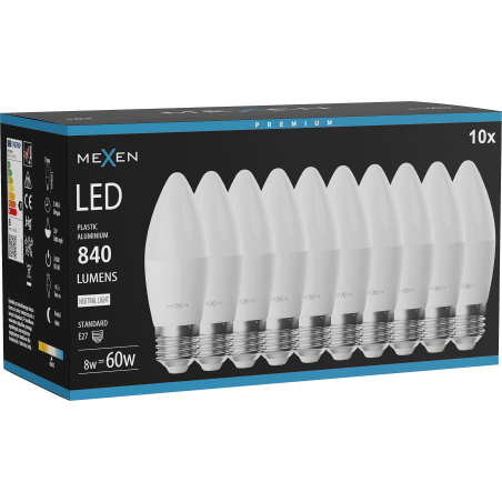 Mexen Nova 10x żarówka LED E27, C37, 8W, Neutralna - 4000K, 840 lm - L102-E27-0840-01x10
