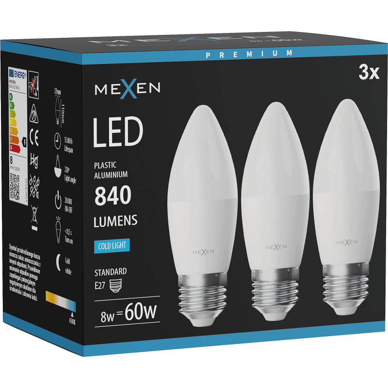 Mexen Nova 3x żarówka LED E27, C37, 8W, Zimna - 6500K, 840 lm - L102-E27-0865-01x03