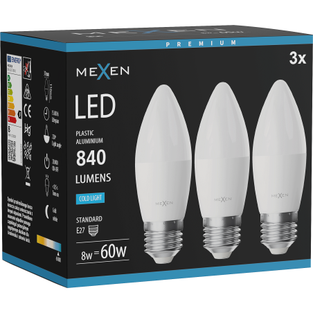 Mexen Nova 3x żarówka LED E27, C37, 8W, Zimna - 6500K, 840 lm - L102-E27-0865-01x03