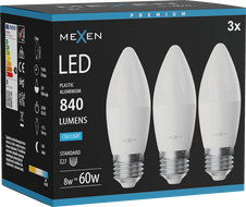Mexen Nova 3x żarówka LED E27, C37, 8W, Zimna - 6500K, 840 lm - L102-E27-0865-01x03