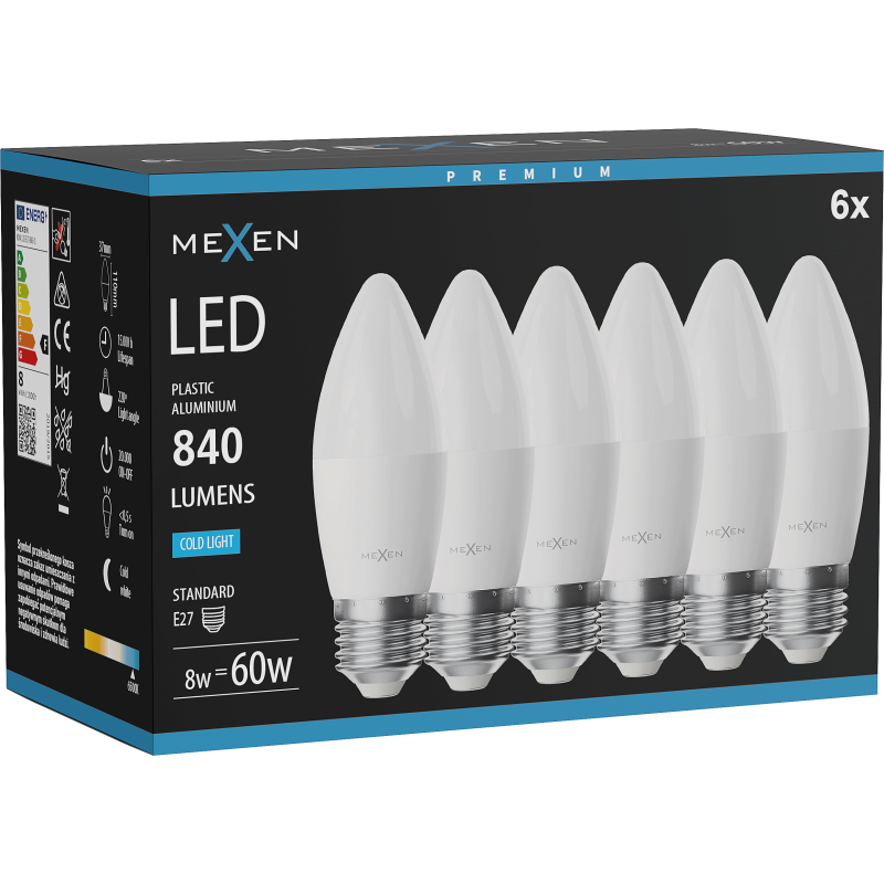 Mexen Nova 6x żarówka LED E27, C37, 8W, Zimna - 6500K, 840 lm - L102-E27-0865-01x06