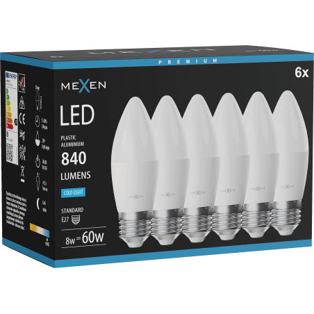 Mexen Nova 6x żarówka LED E27, C37, 8W, Zimna - 6500K, 840 lm - L102-E27-0865-01x06