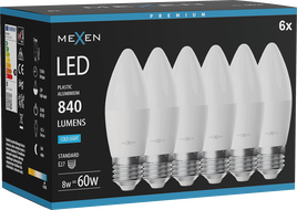 Mexen Nova 6x żarówka LED E27, C37, 8W, Zimna - 6500K, 840 lm - L102-E27-0865-01x06