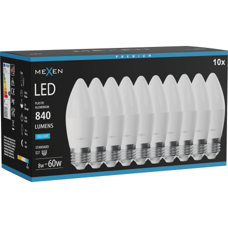 Mexen Nova 10x żarówka LED E27, C37, 8W, Zimna - 6500K, 840 lm - L102-E27-0865-01x10