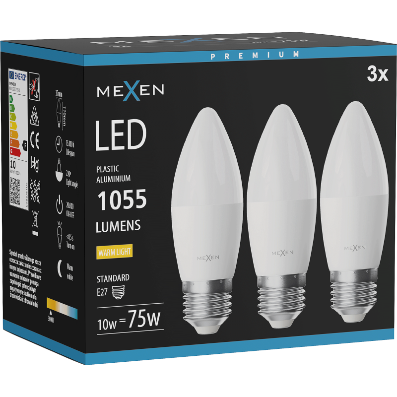 Mexen Nova 3x żarówka LED E27, C37, 10W, Ciepła - 3000K, 1055 lm - L102-E27-1030-01x03