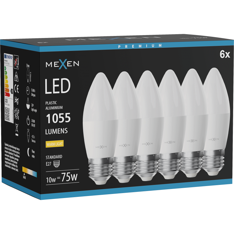 Mexen Nova 6x żarówka LED E27, C37, 10W, Ciepła - 3000K, 1055 lm - L102-E27-1030-01x06
