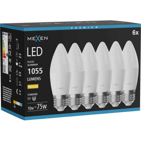 Mexen Nova 6x żarówka LED E27, C37, 10W, Ciepła - 3000K, 1055 lm - L102-E27-1030-01x06
