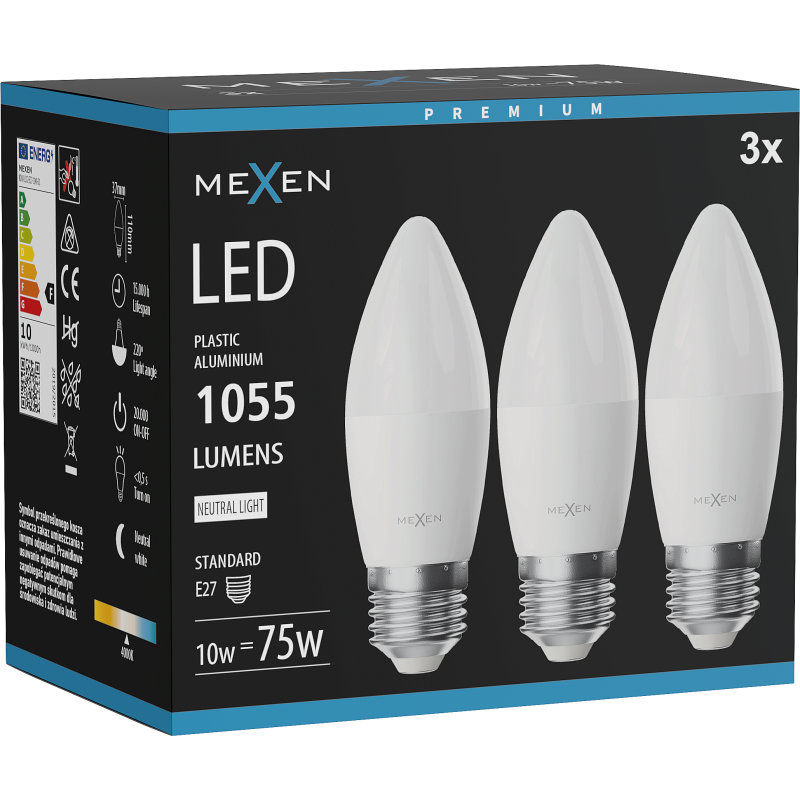 Mexen Nova 3x żarówka LED E27, C37, 10W, Neutralna - 4000K, 1055 lm - L102-E27-1040-01x03