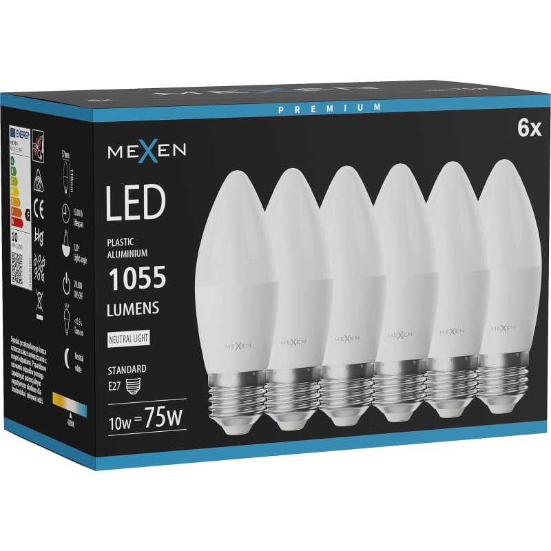 Mexen Nova 6x żarówka LED E27, C37, 10W, Neutralna - 4000K, 1055 lm - L102-E27-1040-01x06