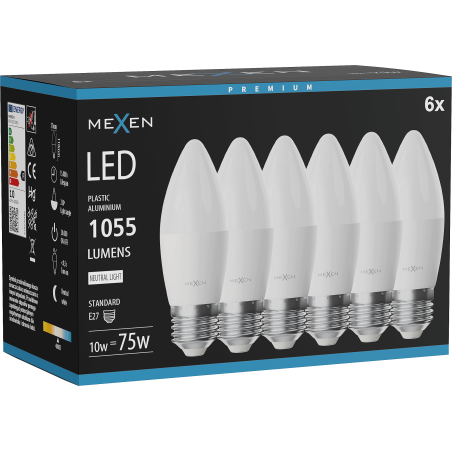 Mexen Nova 6x żarówka LED E27, C37, 10W, Neutralna - 4000K, 1055 lm - L102-E27-1040-01x06