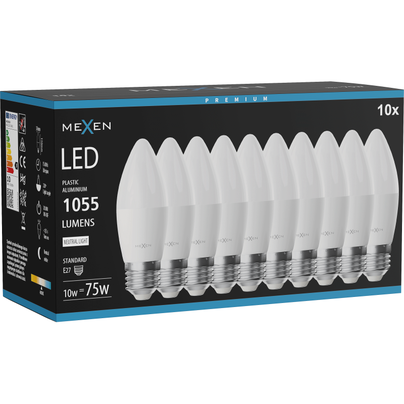 Mexen Nova 10x żarówka LED E27, C37, 10W, Neutralna - 4000K, 1055 lm - L102-E27-1040-01x10