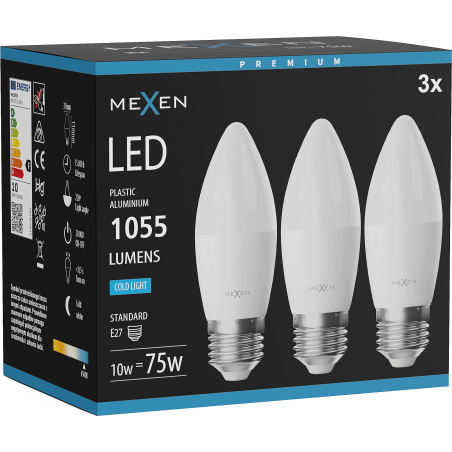 Mexen Nova 3x żarówka LED E27, C37, 10W, Zimna - 6500K, 1055 lm - L102-E27-1065-01x03