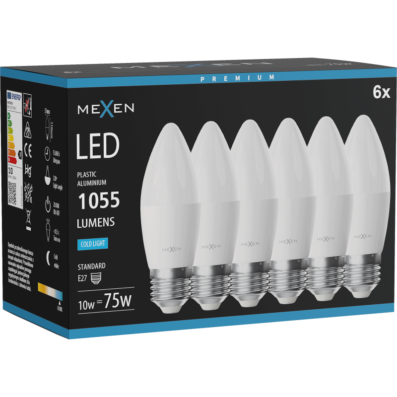 Mexen Nova 6x żarówka LED E27, C37, 10W, Zimna - 6500K, 1055 lm - L102-E27-1065-01x06