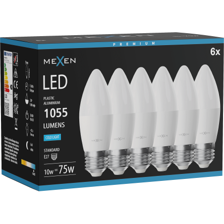 Mexen Nova 6x żarówka LED E27, C37, 10W, Zimna - 6500K, 1055 lm - L102-E27-1065-01x06