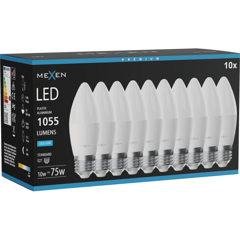 Mexen Nova 10x żarówka LED E27, C37, 10W, Zimna - 6500K, 1055 lm - L102-E27-1065-01x10
