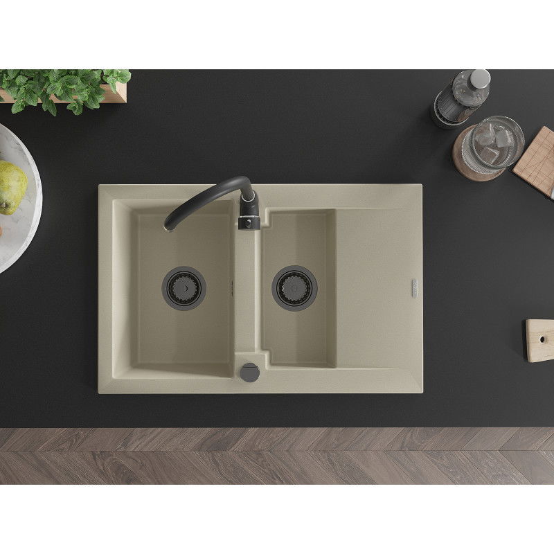 Mexen Gaspar zlewozmywak granitowy 1,5-komorowy z ociekaczem 737 x 475 mm, beżowy, syfon czarny - 6507731505-69-B