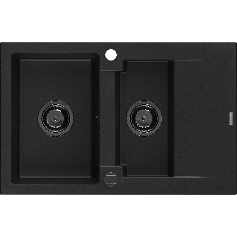 Mexen Gaspar zlewozmywak granitowy 1,5-komorowy z ociekaczem 737 x 475 mm, czarny, syfon czarny - 6507731505-77-B