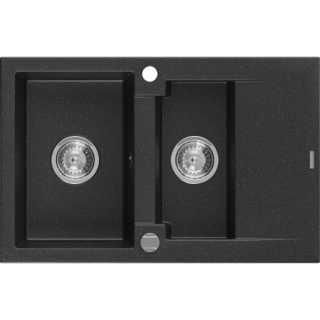 Mexen Gaspar zlewozmywak granitowy 1,5-komorowy z ociekaczem 737 x 475 mm, czarny/srebrny metalik, syfon chrom - 6507731505-73