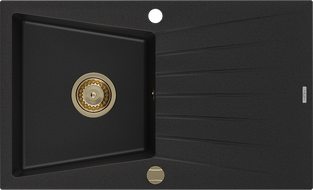 Mexen Cesar zlewozmywak granitowy 1-komorowy z ociekaczem 775 x 470 mm, czarny, syfon złoty - 6514771010-77-G