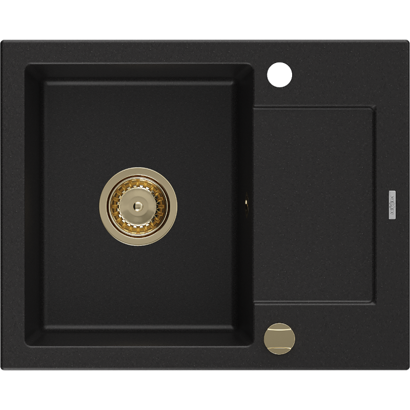 Mexen Enzo zlewozmywak granitowy 1-komorowy z ociekaczem 576 x 465 mm, czarny, syfon złoty - 6506571005-77-G