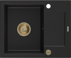 Mexen Enzo zlewozmywak granitowy 1-komorowy z ociekaczem 576 x 465 mm, czarny, syfon złoty - 6506571005-77-G
