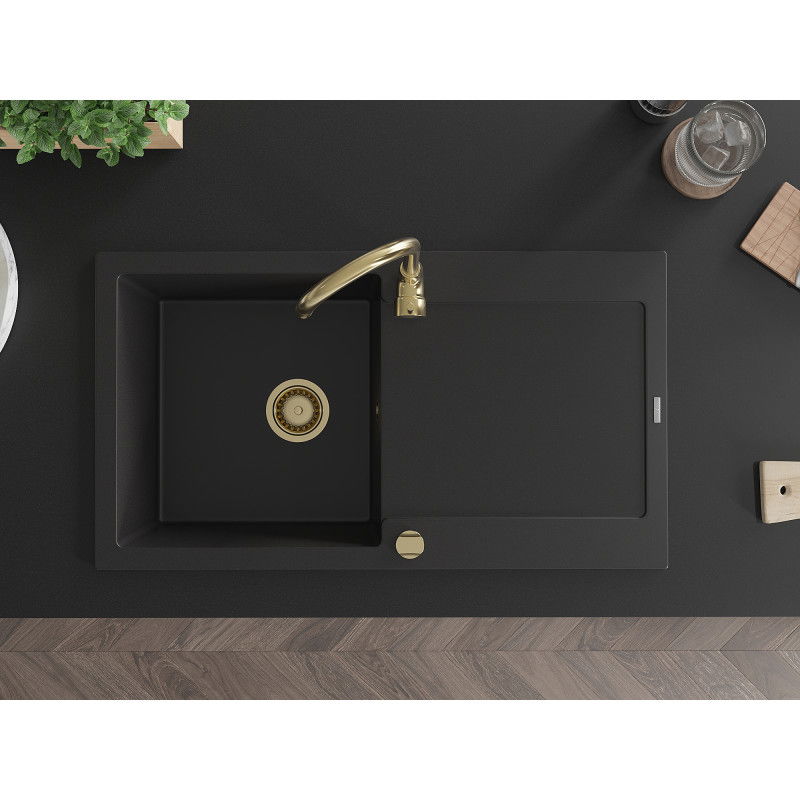 Mexen Leo zlewozmywak granitowy 1-komorowy z ociekaczem 900 x 500 mm, czarny, syfon złoty - 6501901010-77-G