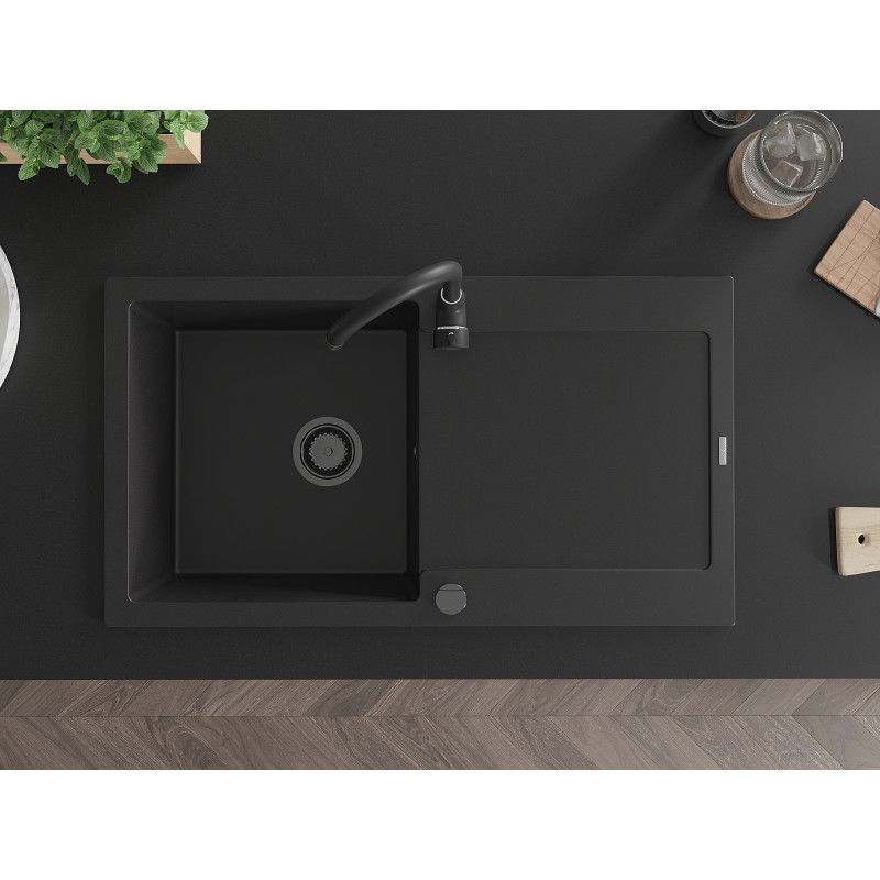 Mexen Leo zlewozmywak granitowy 1-komorowy z ociekaczem 900 x 500 mm, czarny, syfon czarny - 6501901010-77-B