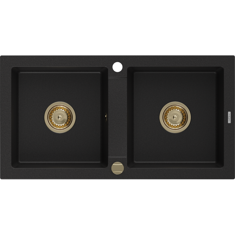 Mexen Mario zlewozmywak granitowy 2-komorowy 820 x 436 mm, czarny, syfon złoty - 6504822000-77-G
