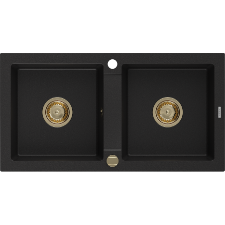 Mexen Mario zlewozmywak granitowy 2-komorowy 820 x 436 mm, czarny, syfon złoty - 6504822000-77-G