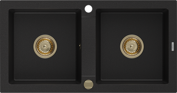 Mexen Mario zlewozmywak granitowy 2-komorowy 820 x 436 mm, czarny, syfon złoty - 6504822000-77-G