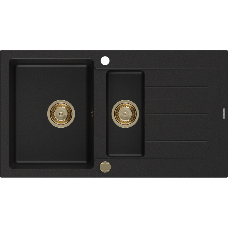 Mexen Matias zlewozmywak granitowy 1,5-komorowy z ociekaczem 900 x 505 mm, czarny, syfon złoty - 6502901505-77-G