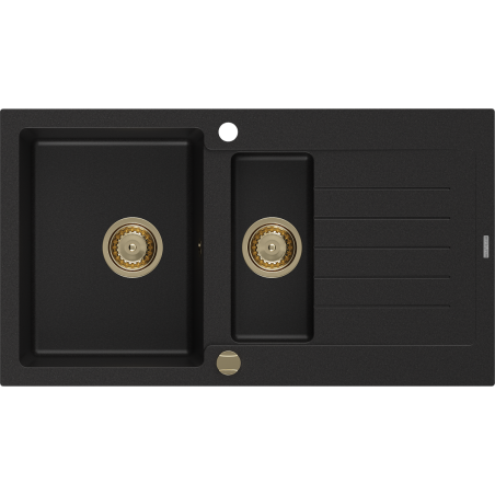 Mexen Matias zlewozmywak granitowy 1,5-komorowy z ociekaczem 900 x 505 mm, czarny, syfon złoty - 6502901505-77-G