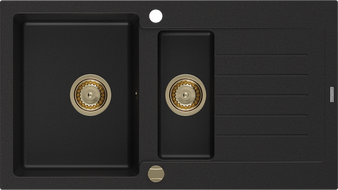 Mexen Matias zlewozmywak granitowy 1,5-komorowy z ociekaczem 900 x 505 mm, czarny, syfon złoty - 6502901505-77-G