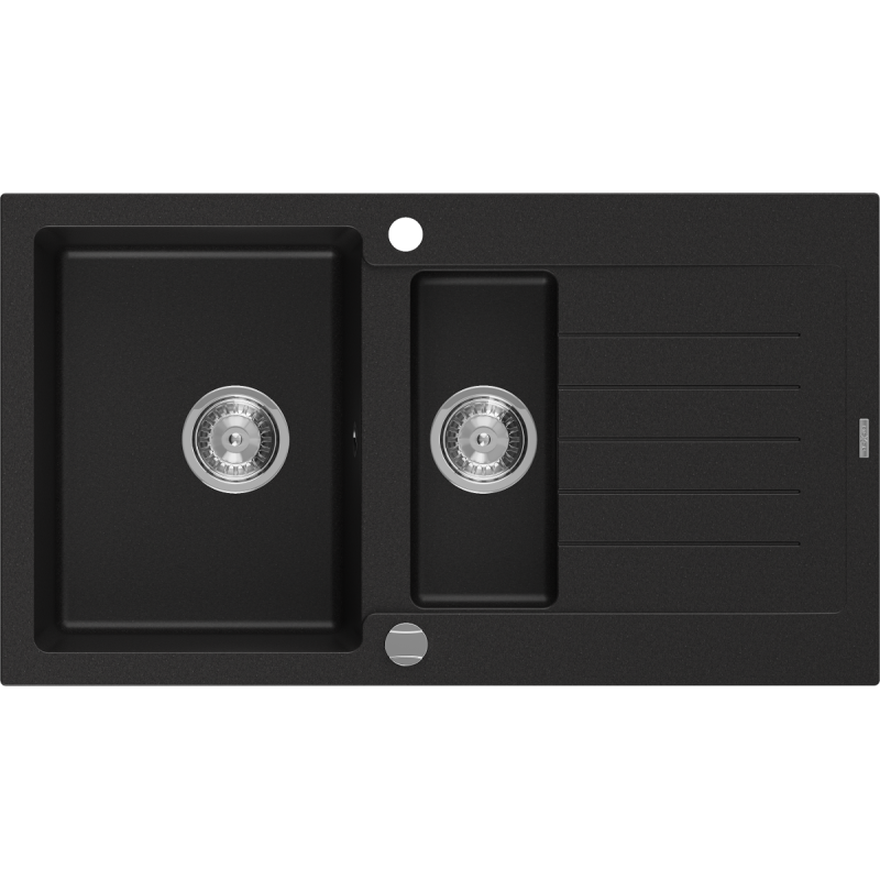 Mexen Matias zlewozmywak granitowy 1,5-komorowy z ociekaczem 900 x 505 mm, czarny, syfon chrom - 6502901505-77